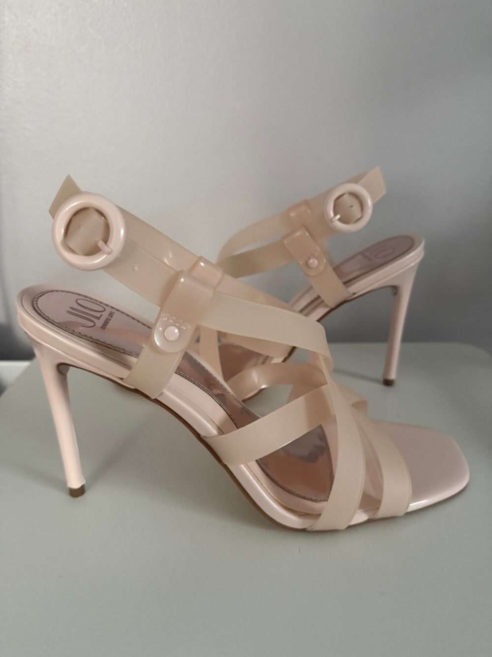 Jennifer Lopez Blush Patent Strappy Stiletto Sandals